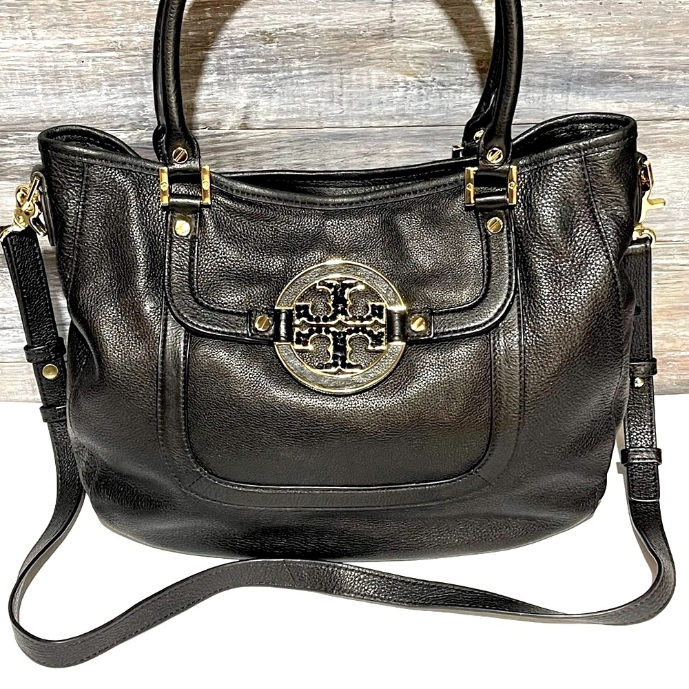 Tory Burch Large Amanda Shoulder Crossbody Handbag Black Leather Gold Hardware